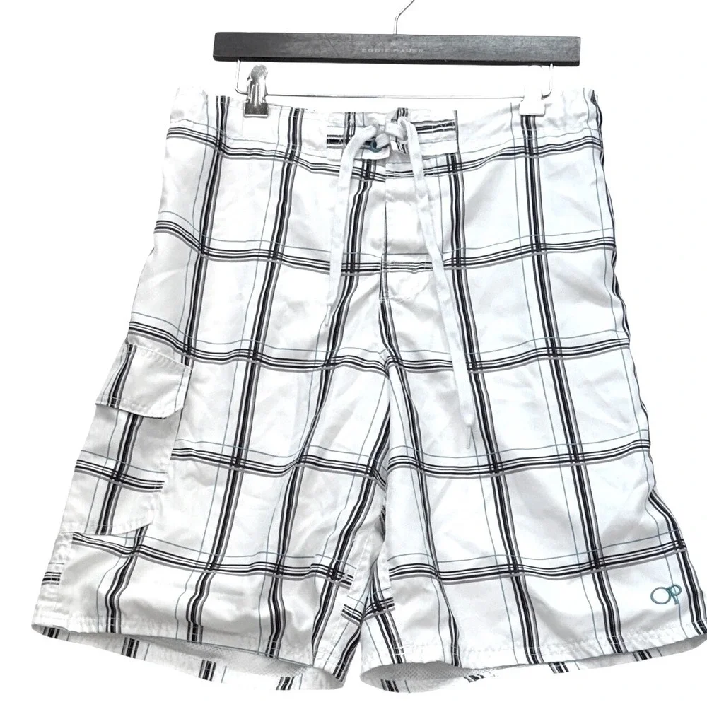 OP Board Shorts Mens M White Plaid Swim Trunks Cargo Pocket Beach Surf Summer